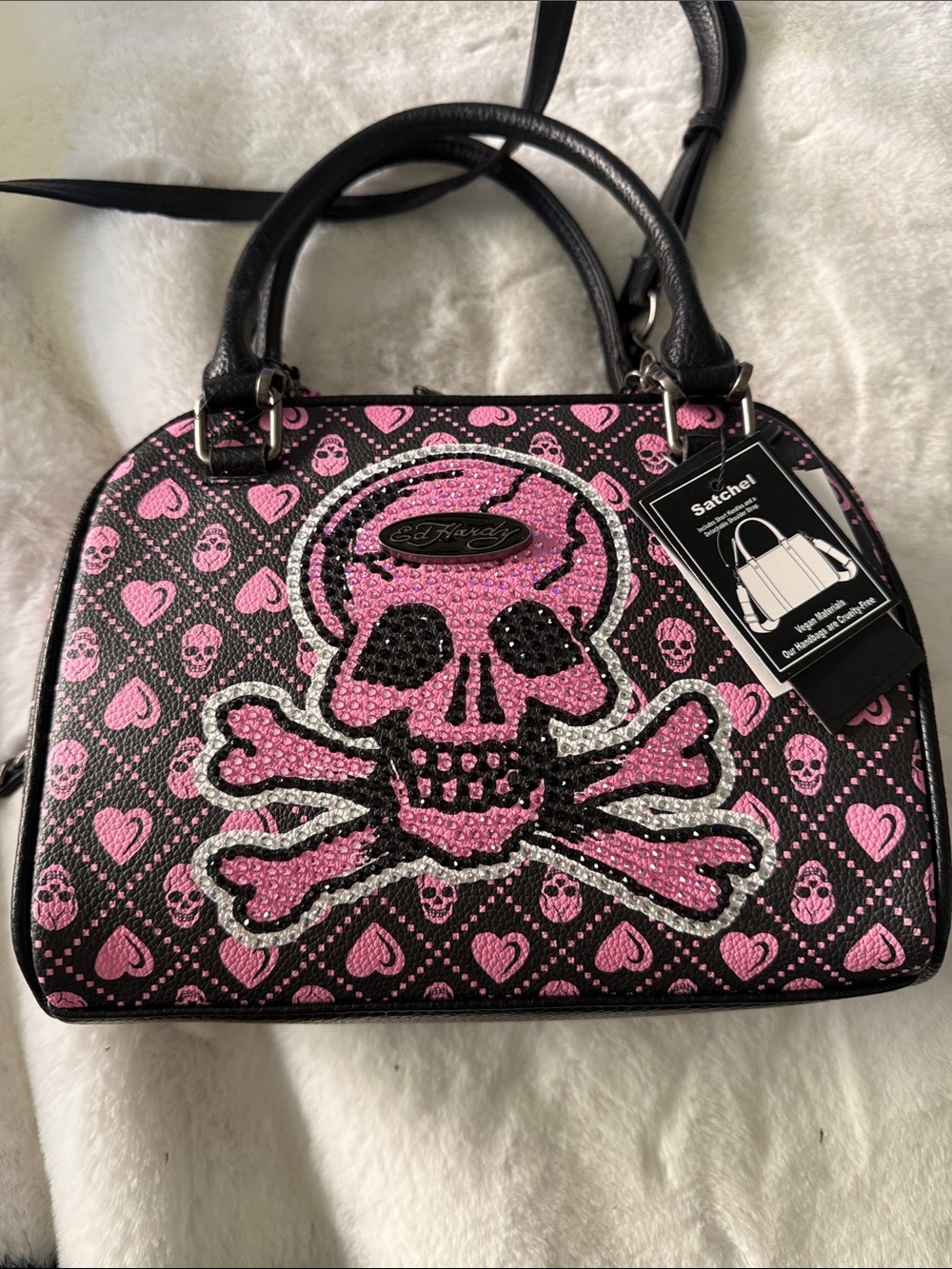 Ed Hardy Black and Pink Rhinestone Skull Satchel